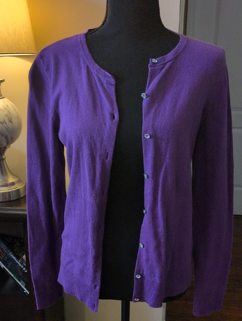 LOFT Purple Crewneck Button Cardigan. Sz S w/ faceted jewel buttons.